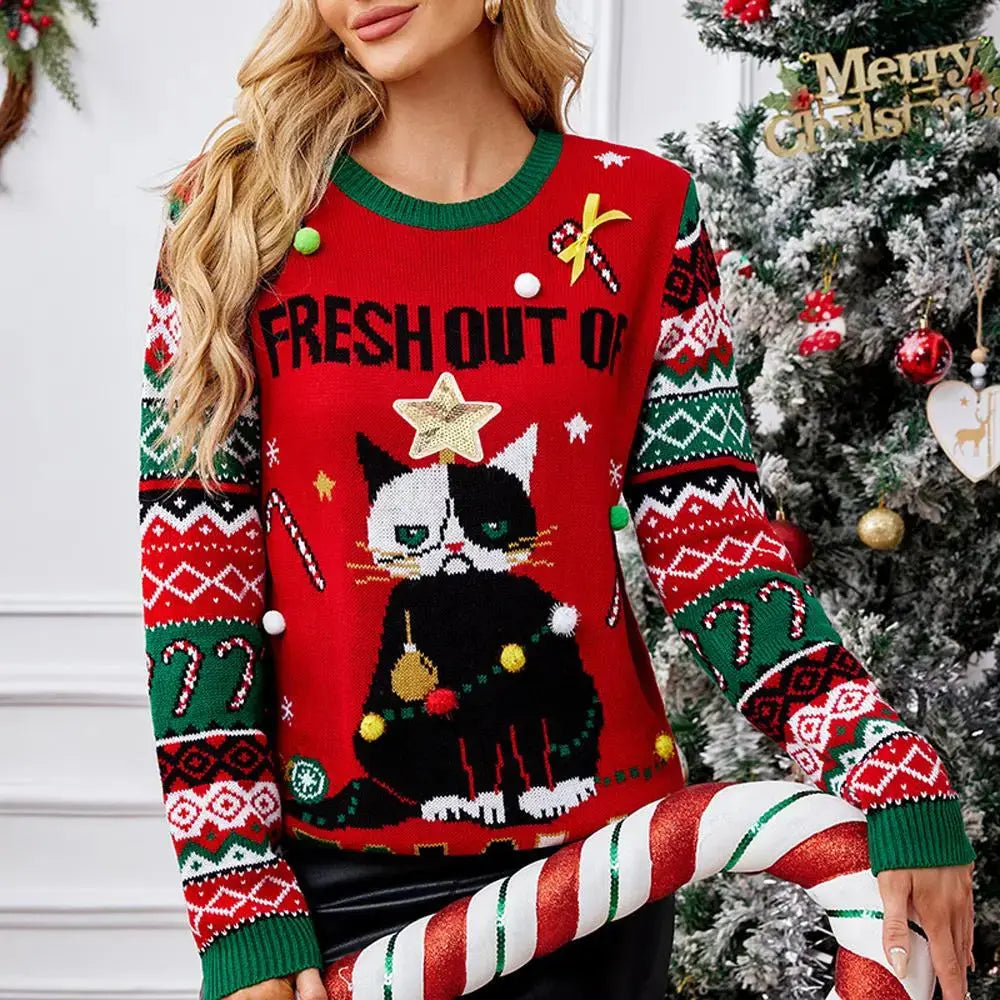 Women's Ugly Christmas Sweater Ugly Cat Prints Round Neck Cozy Knit for Festive Christmas|?PajmasBuy