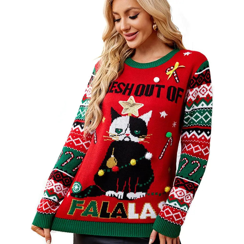 Women's Ugly Christmas Sweater Ugly Cat Prints Round Neck Cozy Knit for Festive Christmas|?PajmasBuy