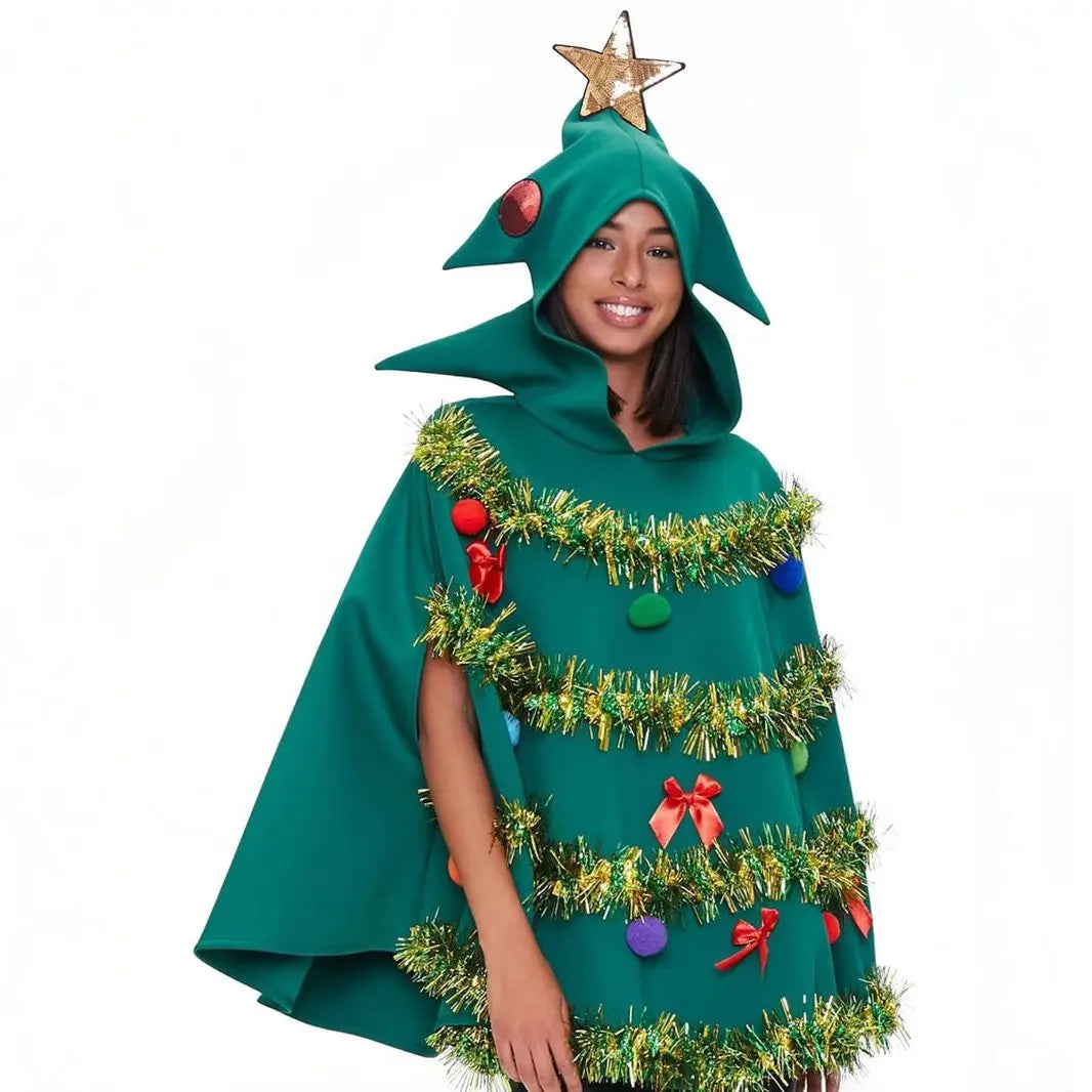 Women's Unique Green Christmas Tree Shape Costume Hoddie Cloak for Christmas|?PajmasBuy