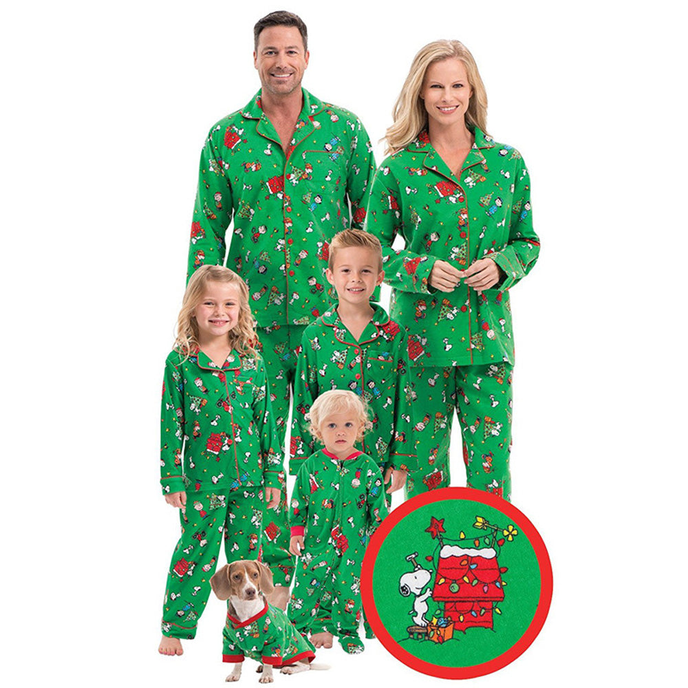 Christmas Family Matching Green Pajamas Snoopy Prints with V-Neck and Pockets for Adults Kids