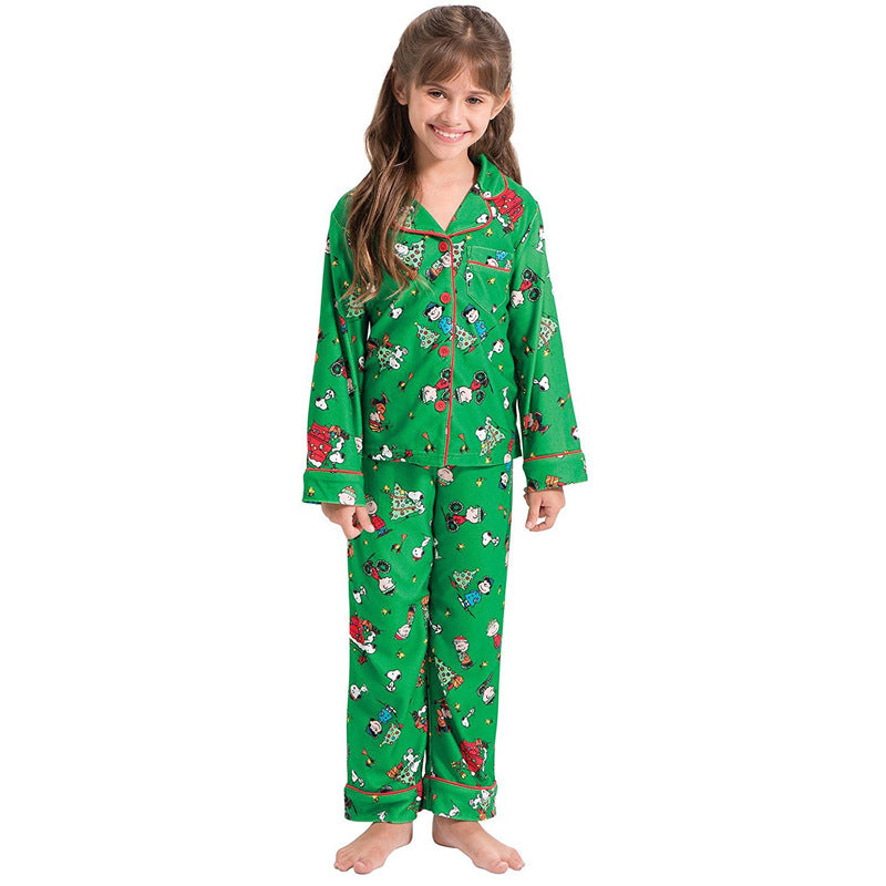 Christmas Family Matching Green Pajamas Snoopy Prints with V-Neck and Pockets for Adults Kids