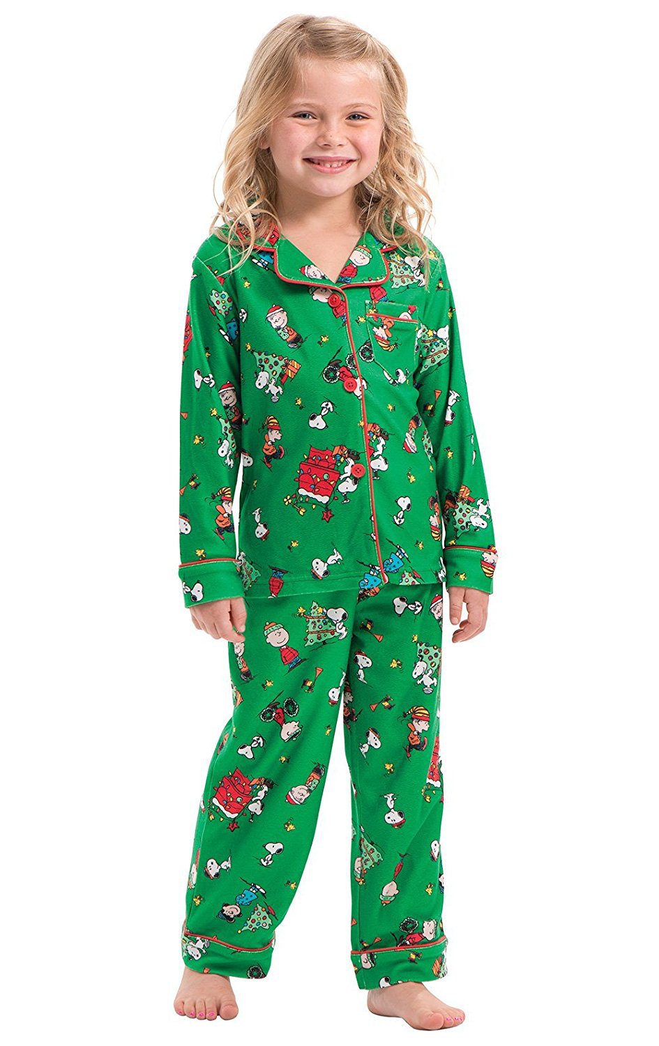 Christmas Family Matching Green Pajamas Snoopy Prints with V-Neck and Pockets for Adults Kids