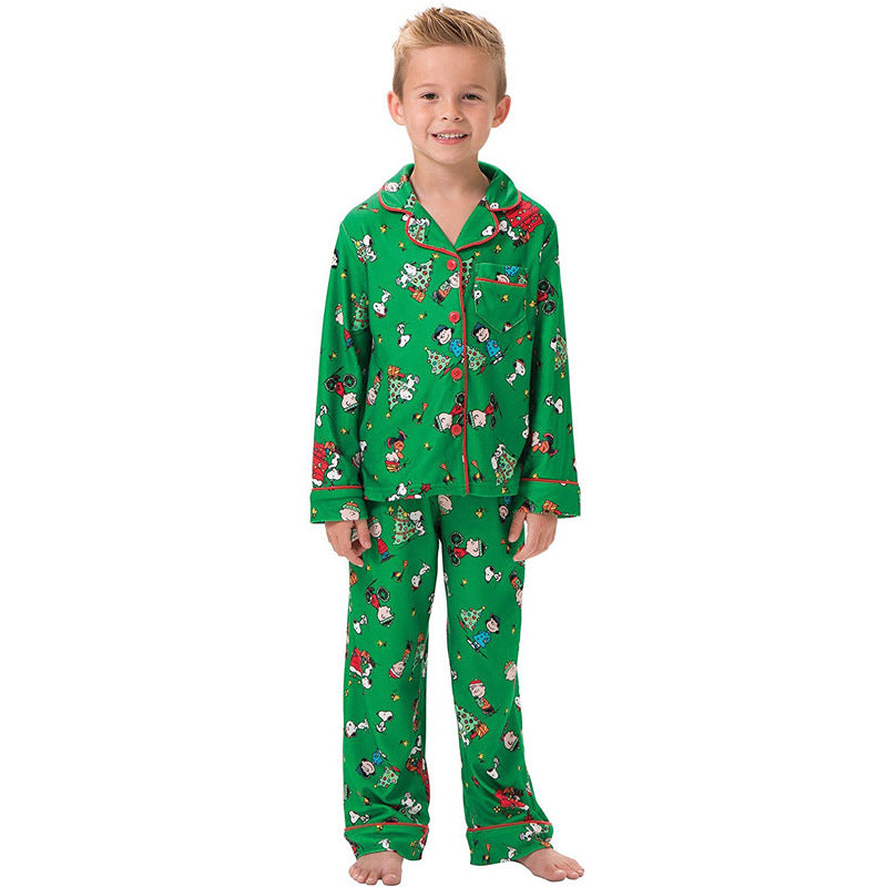 Christmas Family Matching Green Pajamas Snoopy Prints with V-Neck and Pockets for Adults Kids