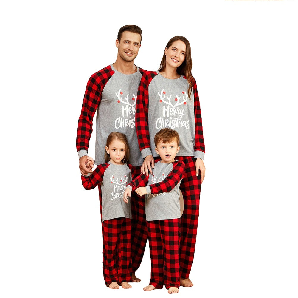 Christmas Family matching Deer print plaid Pajamas two Pieces Set Santa Patterned