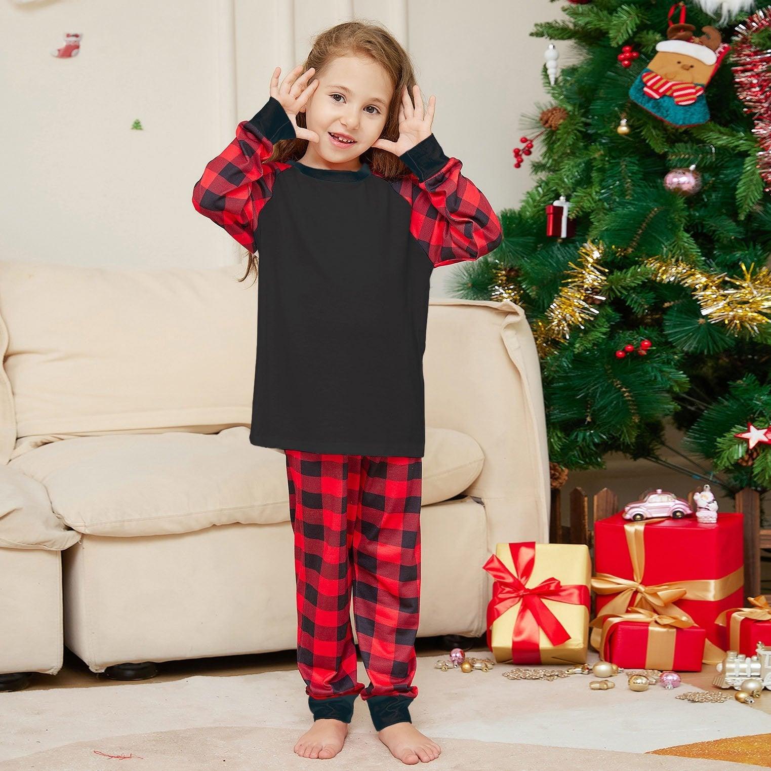 Black Solid Color Plaid Print Christmas Family Couples Matching Pajamas Party Sets - Pajamasbuy