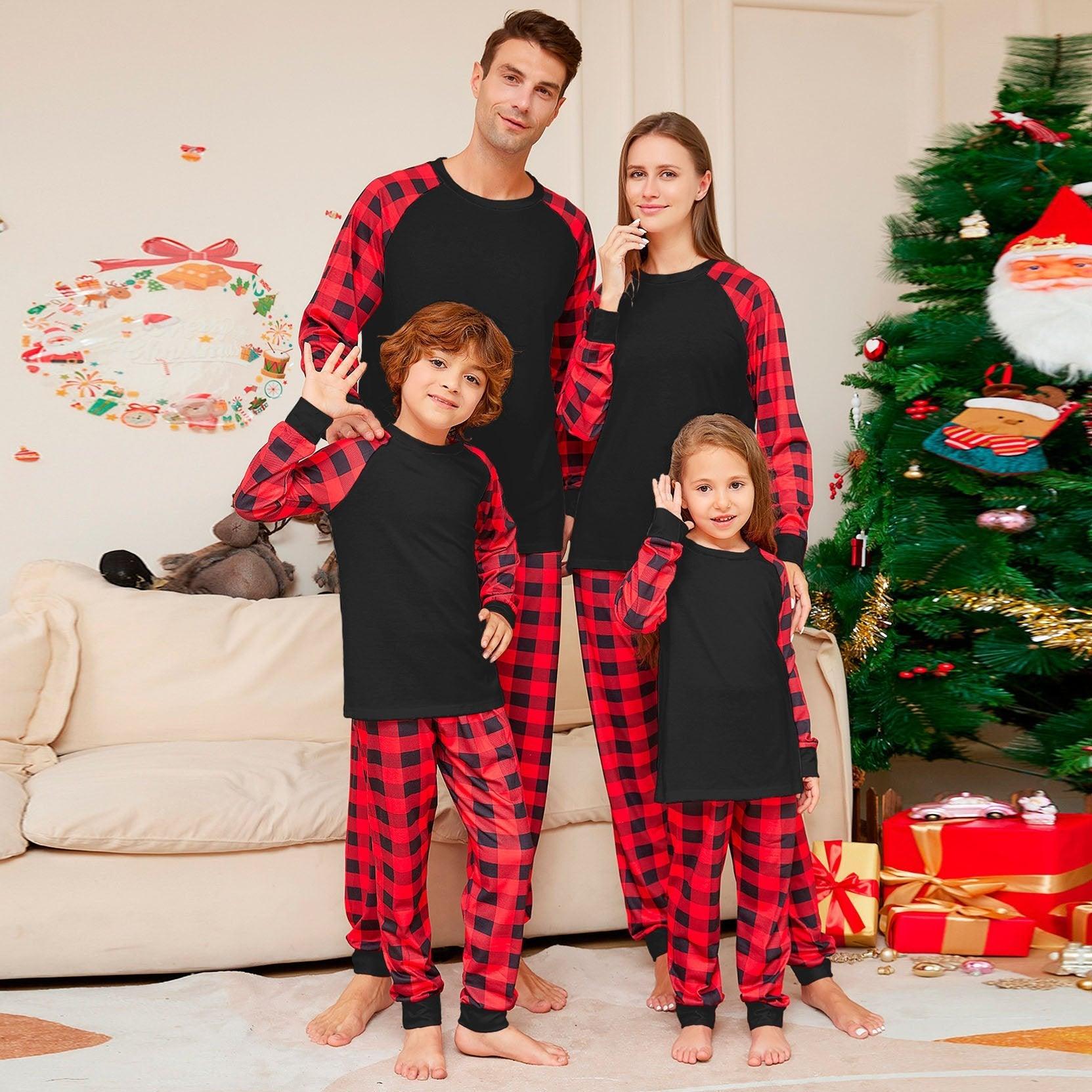 Black Solid Color Plaid Print Christmas Family Couples Matching Pajamas Party Sets - Pajamasbuy