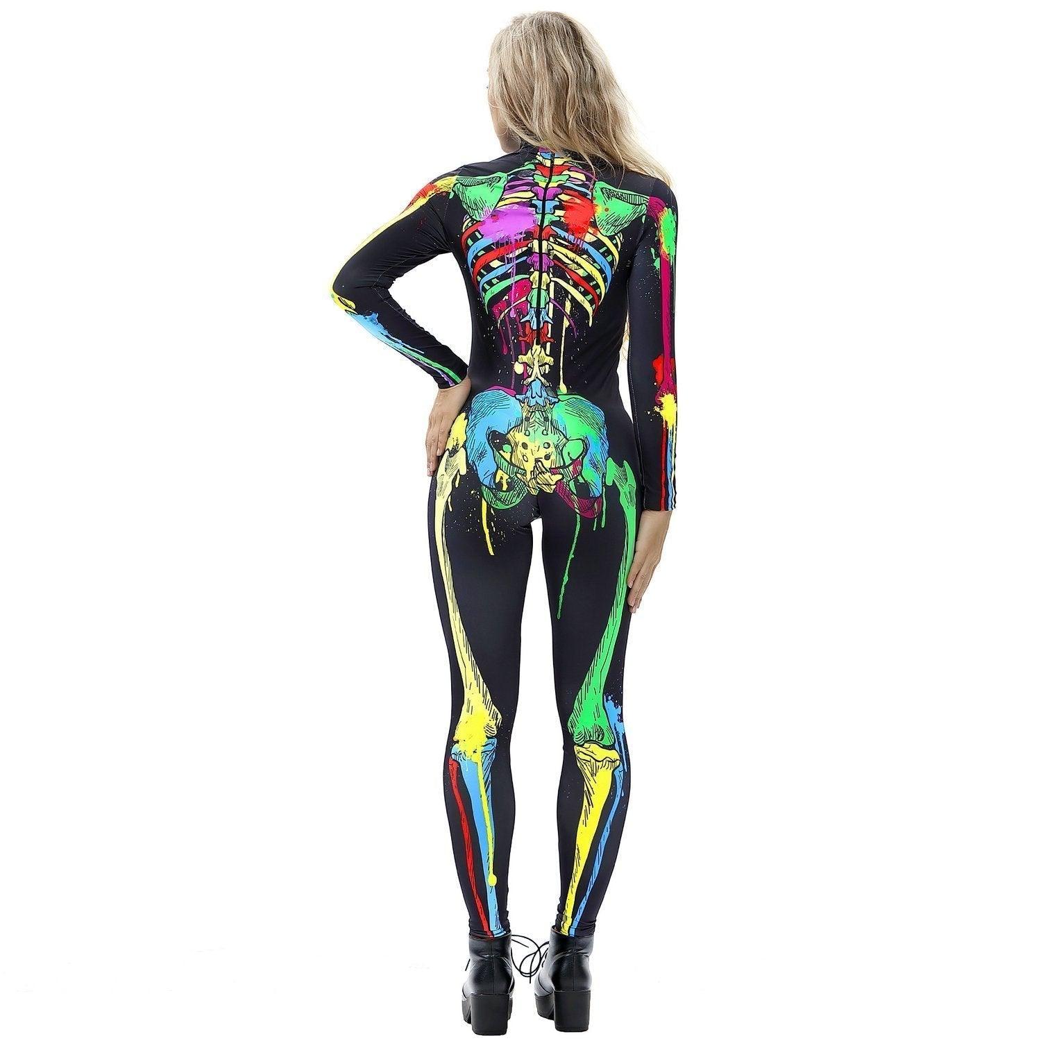 Coloful Skull Halloween Cosplay Costume Bodycon Jumpsuit for Women - Pajamasbuy