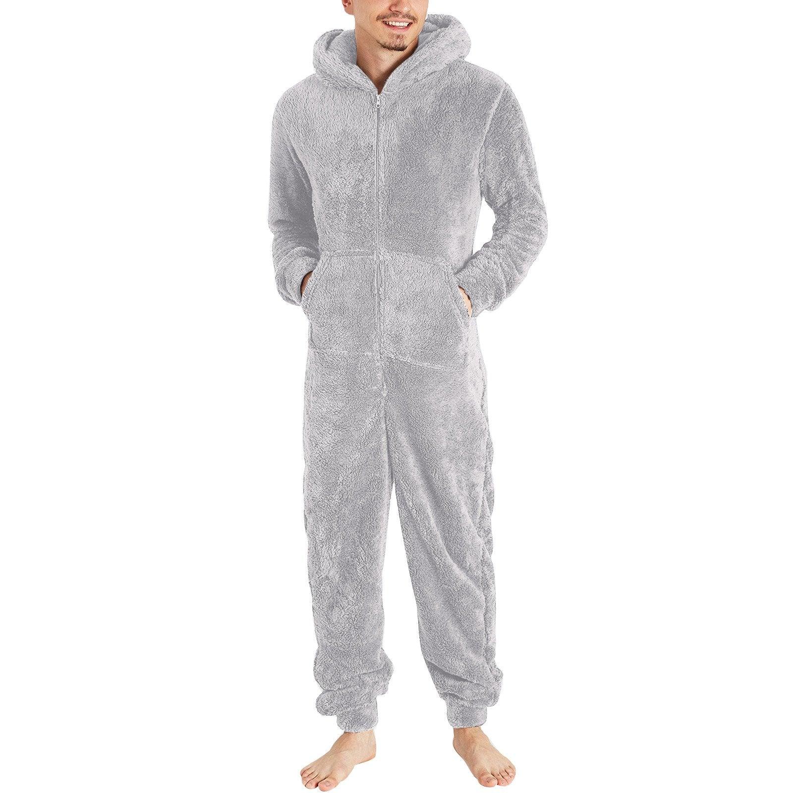 Couple men's thickened warm plush zipper hooded jumpsuit onesies - Pajamasbuy