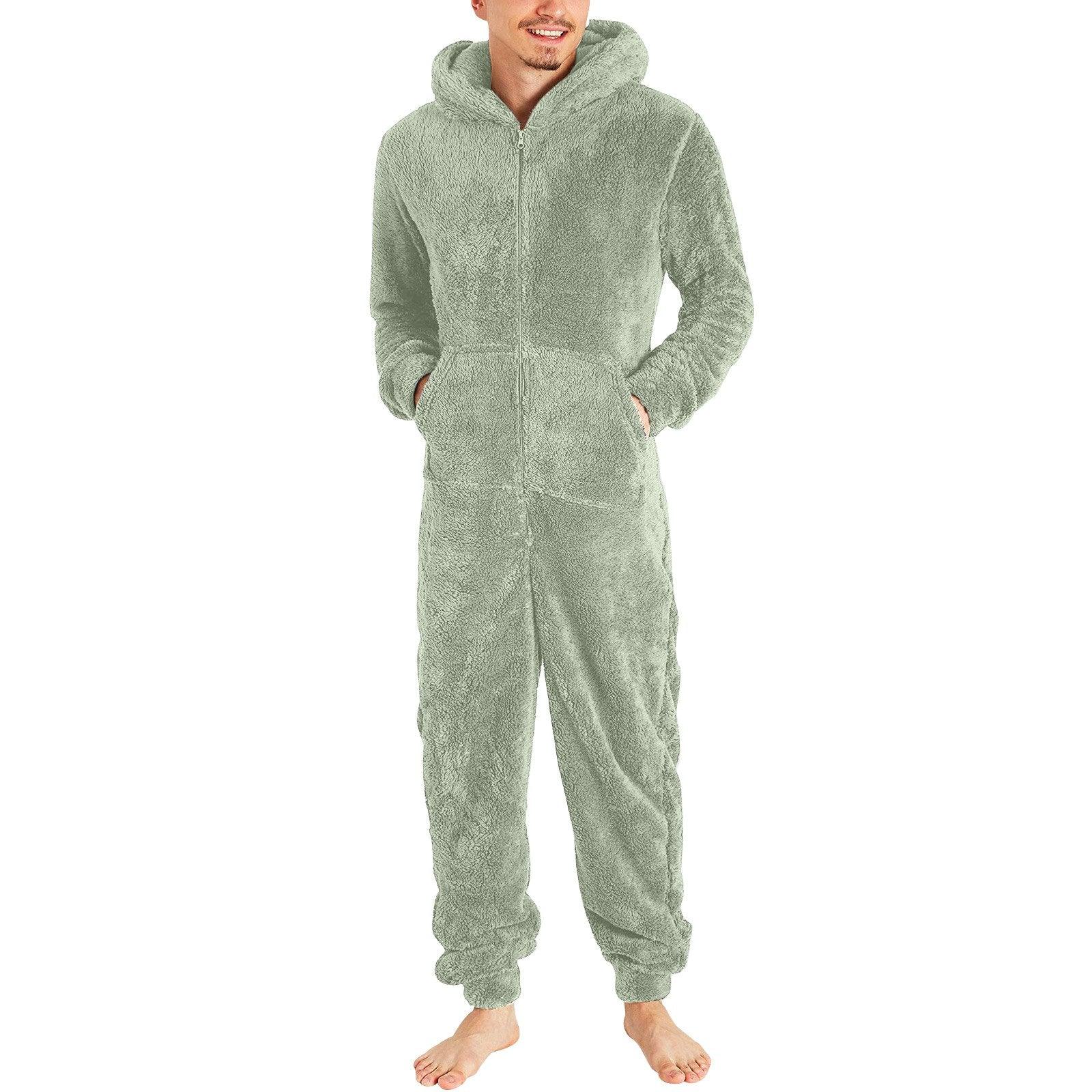 Couple men's thickened warm plush zipper hooded jumpsuit onesies - Pajamasbuy