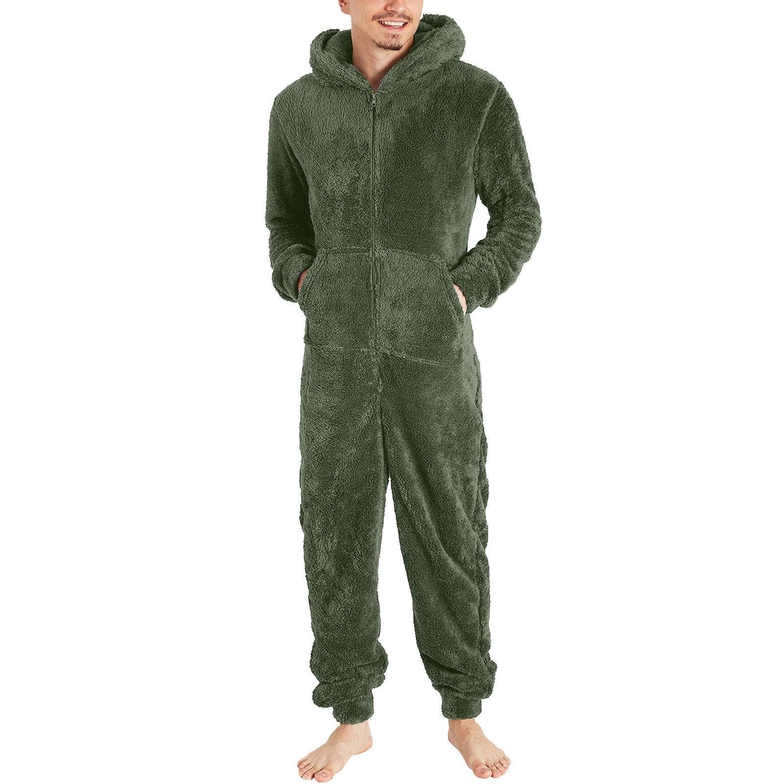 Couple men's thickened warm plush zipper hooded jumpsuit onesies - Pajamasbuy