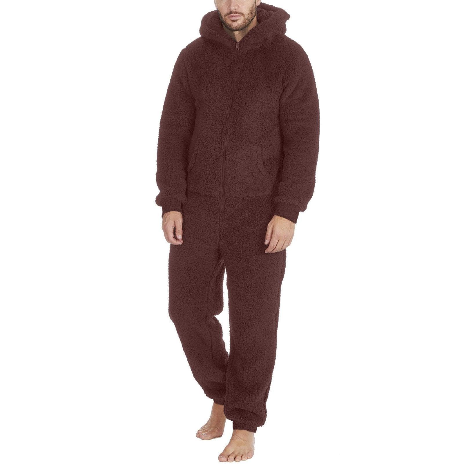 Couple men's thickened warm plush zipper hooded jumpsuit onesies - Pajamasbuy