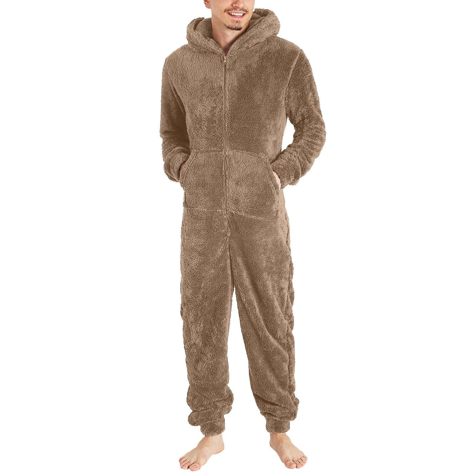 Couple men's thickened warm plush zipper hooded jumpsuit onesies - Pajamasbuy