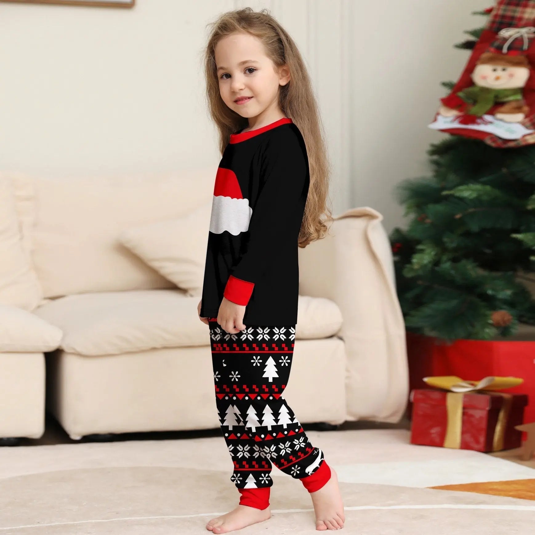 Family Matching Christmas Black Pajamas Santa Hat and Tree Print for Family Adult Kids - PajmasBuy