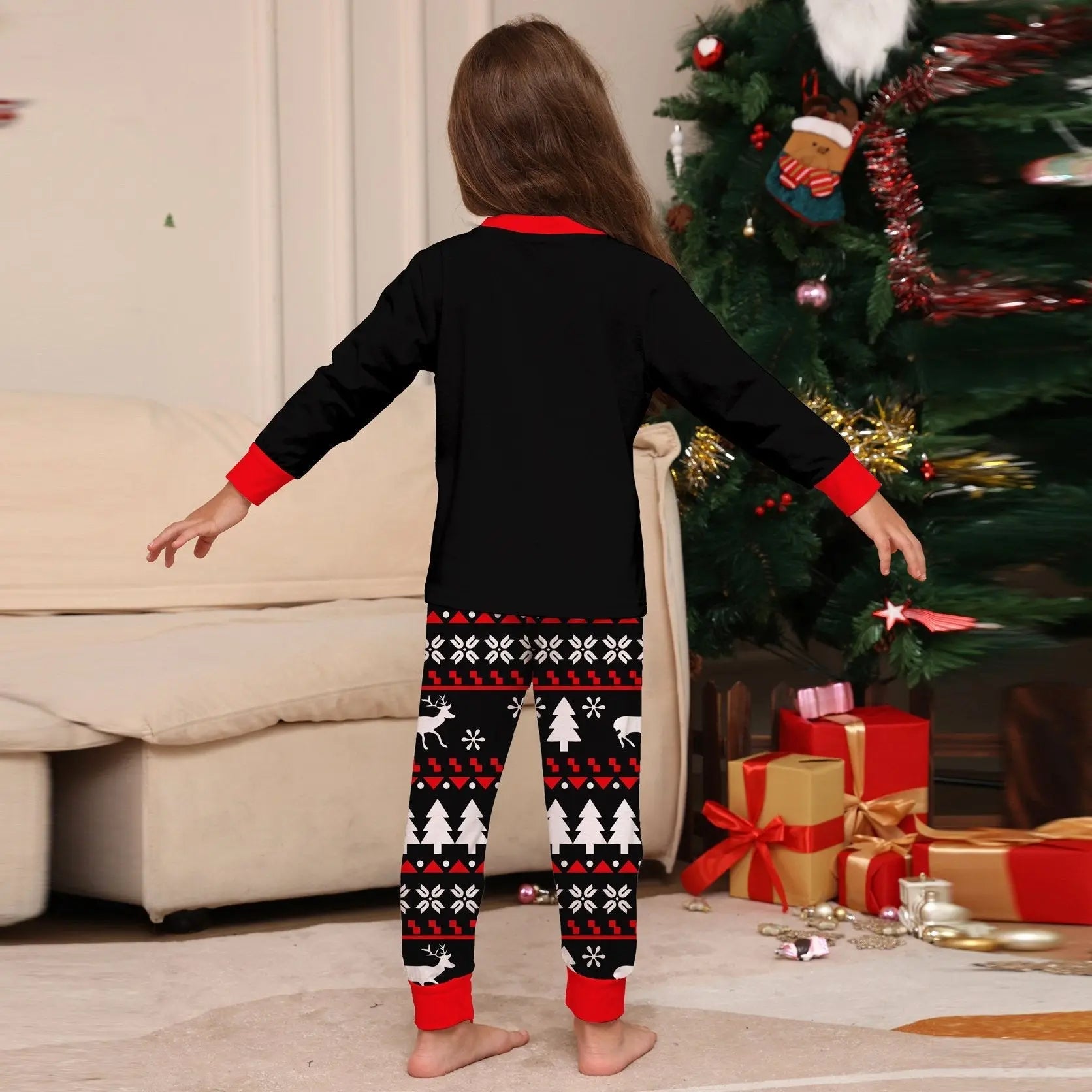 Family Matching Christmas Black Pajamas Santa Hat and Tree Print for Family Adult Kids - PajmasBuy