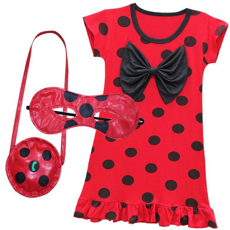 Girls Ruffled short sleeve bow Red Black Dot Miraculous Ladybug Dress Kids Cosplay Ladybug Costume Party Costume - Pajamasbuy