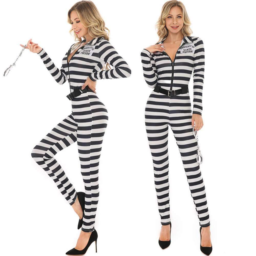 Halloween woman black and white striped prisoner costume - Pajamasbuy