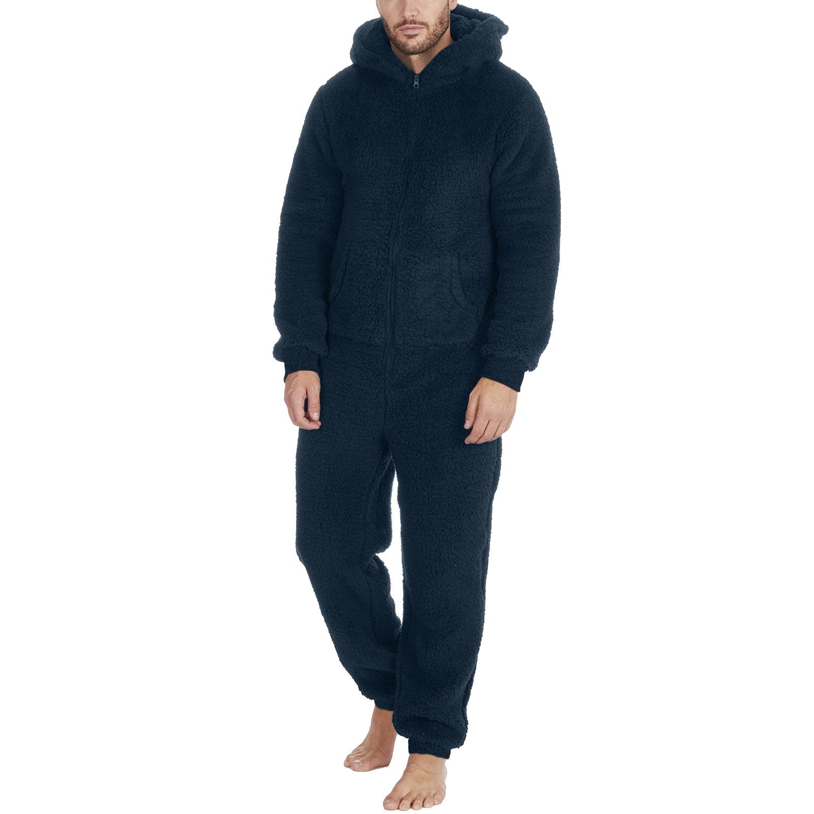 Couple men's thickened warm plush zipper hooded jumpsuit onesies