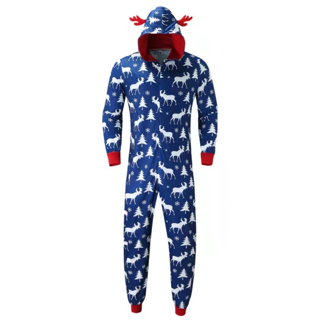 Christmas Family Matching Pajamas Reindeer Print Hooded Jumpsuit Sleepwear Set