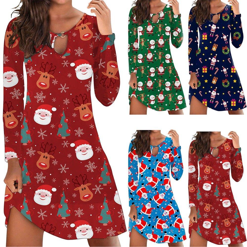 Christmas Top Dress Ladies Santa Print Long Sleeve Dress