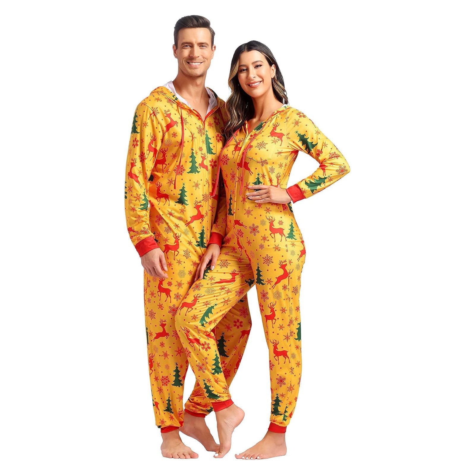 Christmas Couples Matching Pajamas Reindeer Print Multicolored for Men and Women - PajmasBuy