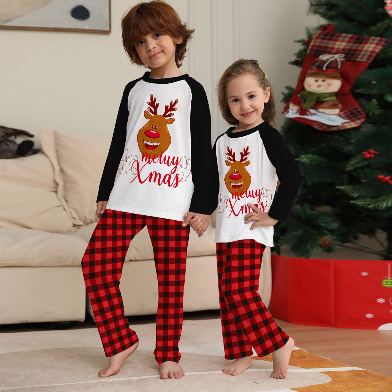 Family Matching Christmas Deer Print Xmas Pajamas Set for Adults Kids Pets - PajmasBuy