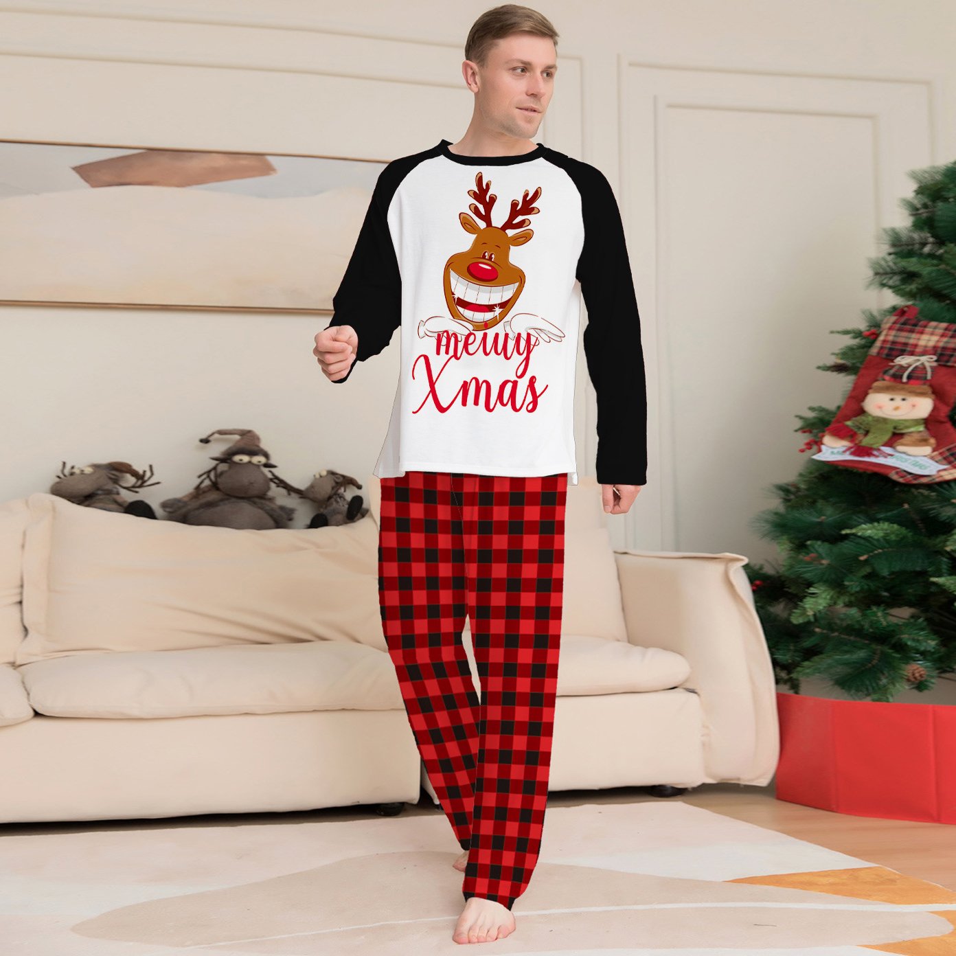 Family Matching Christmas Deer Print Xmas Pajamas Set for Adults Kids Pets - PajmasBuy