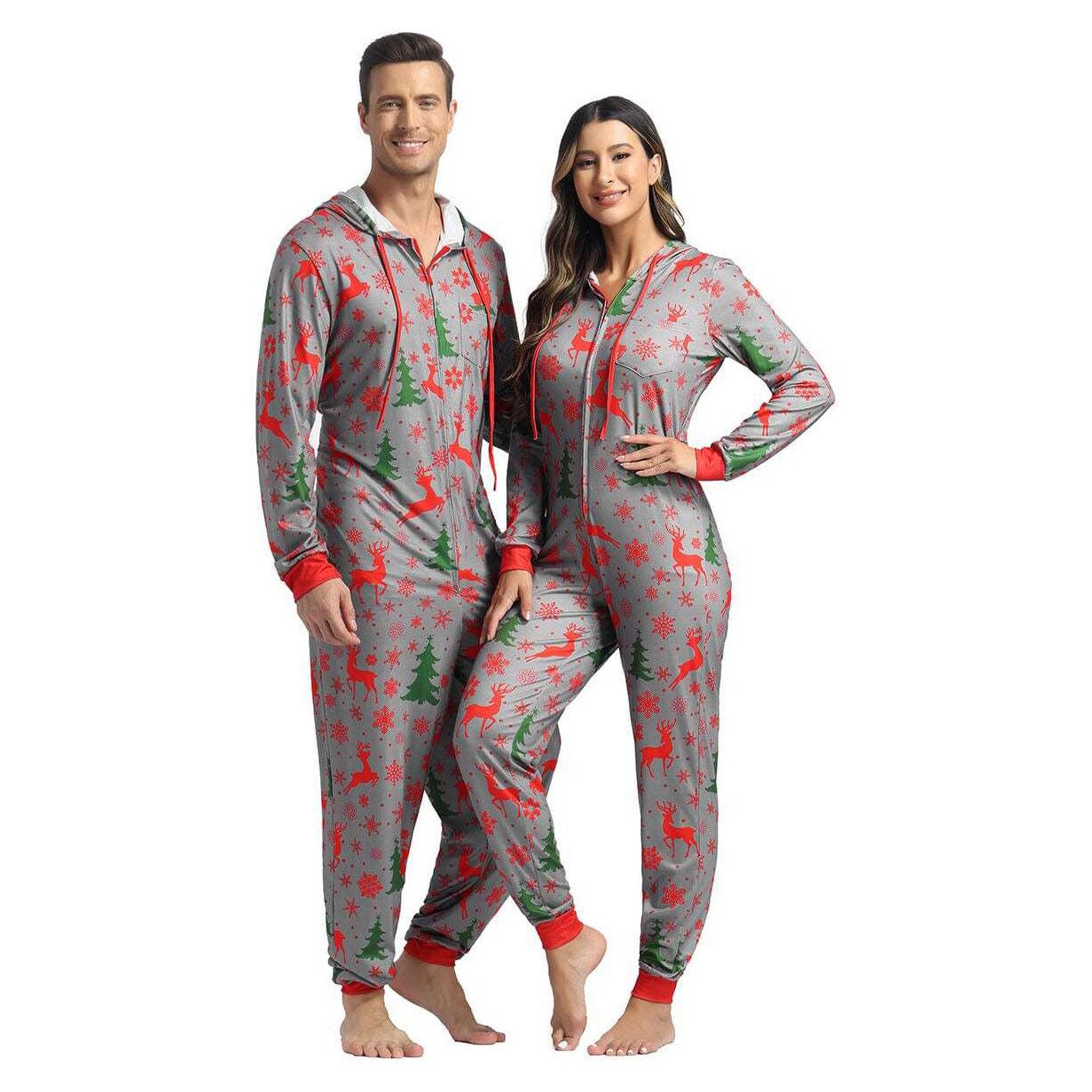 Christmas Couples Matching Pajamas Reindeer Print Multicolored for Men and Women - PajmasBuy