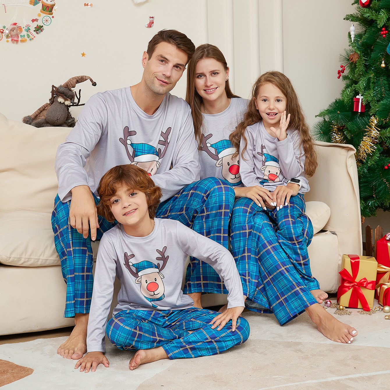 Deer Head Blue Plaid Crew Neck Christmas Family Couples Matching Pajamas Party Sets