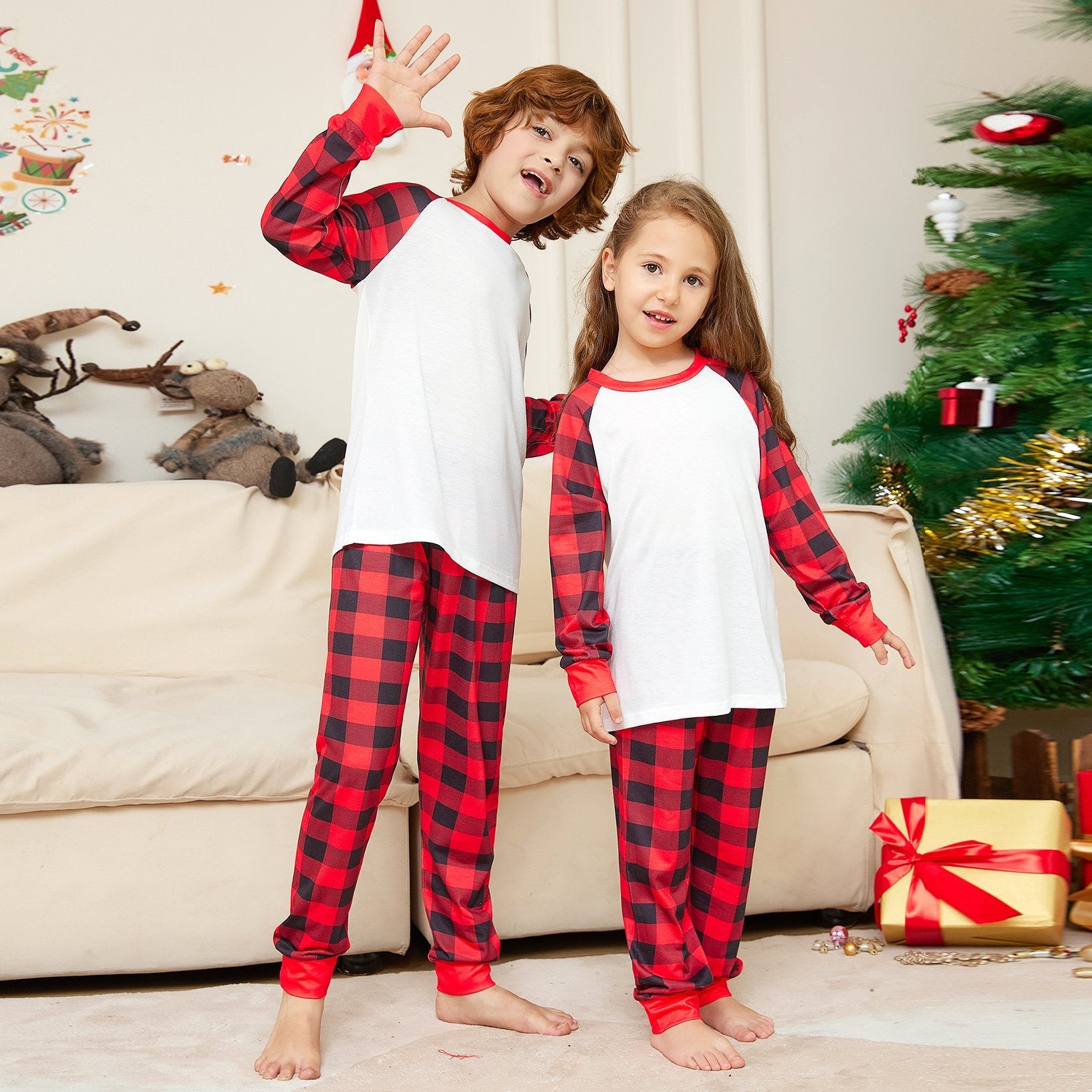 Solid Color Plaid Print Christmas Family Couples Matching Pajamas Party Sets