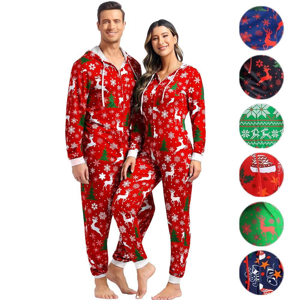 Christmas Couples Matching Pajamas Reindeer Print Multicolored for Men and Women - PajmasBuy