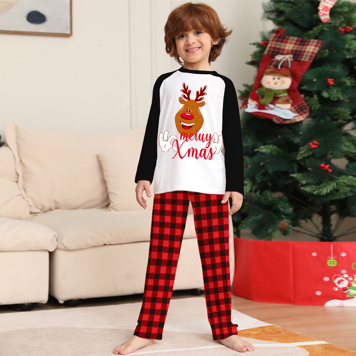 Family Matching Christmas Deer Print Xmas Pajamas Set for Adults Kids Pets - PajmasBuy