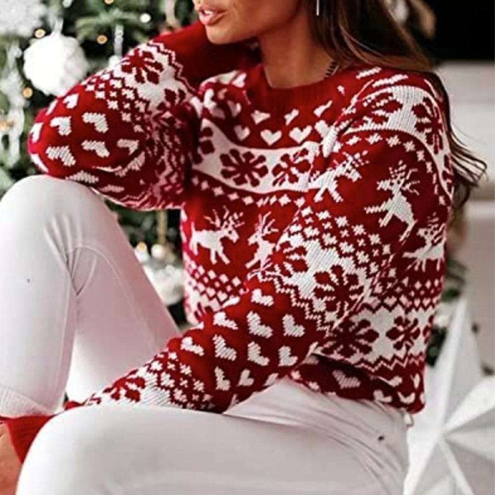 Women's Christmas Ugly Sweater Reindeer Snowflake Knitwear Round Neck Christmas Sweaters|?PajmasBuy