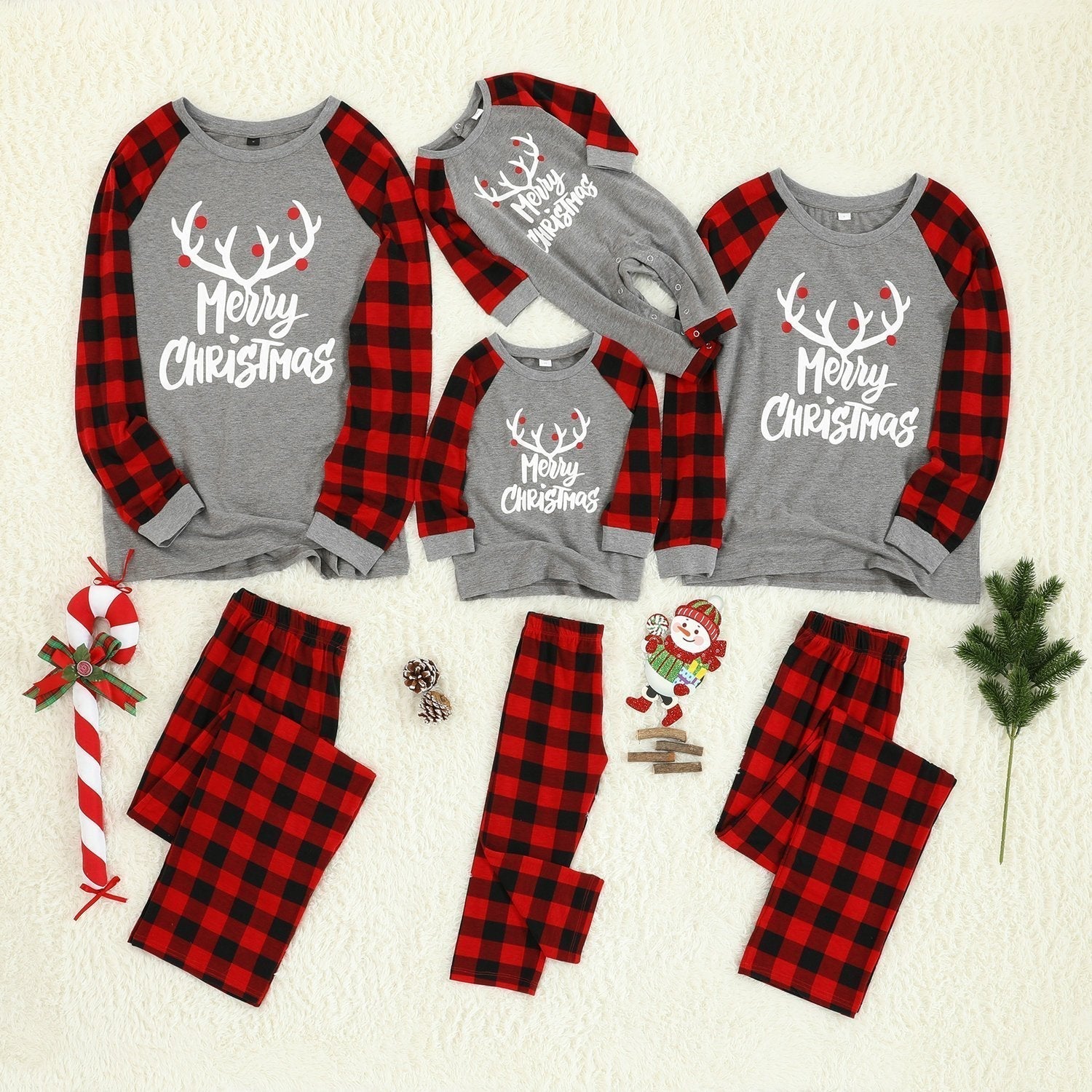 Christmas Family Matching Deer Print Plaid Pajamas Two Pieces Set