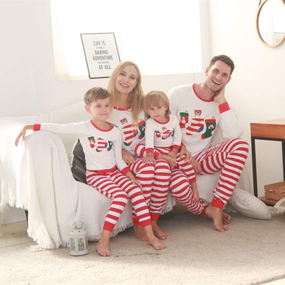 Christmas Family Matching Sleepwear Pajamas Sets White Stocking Bear Top and Red Stripes Pants