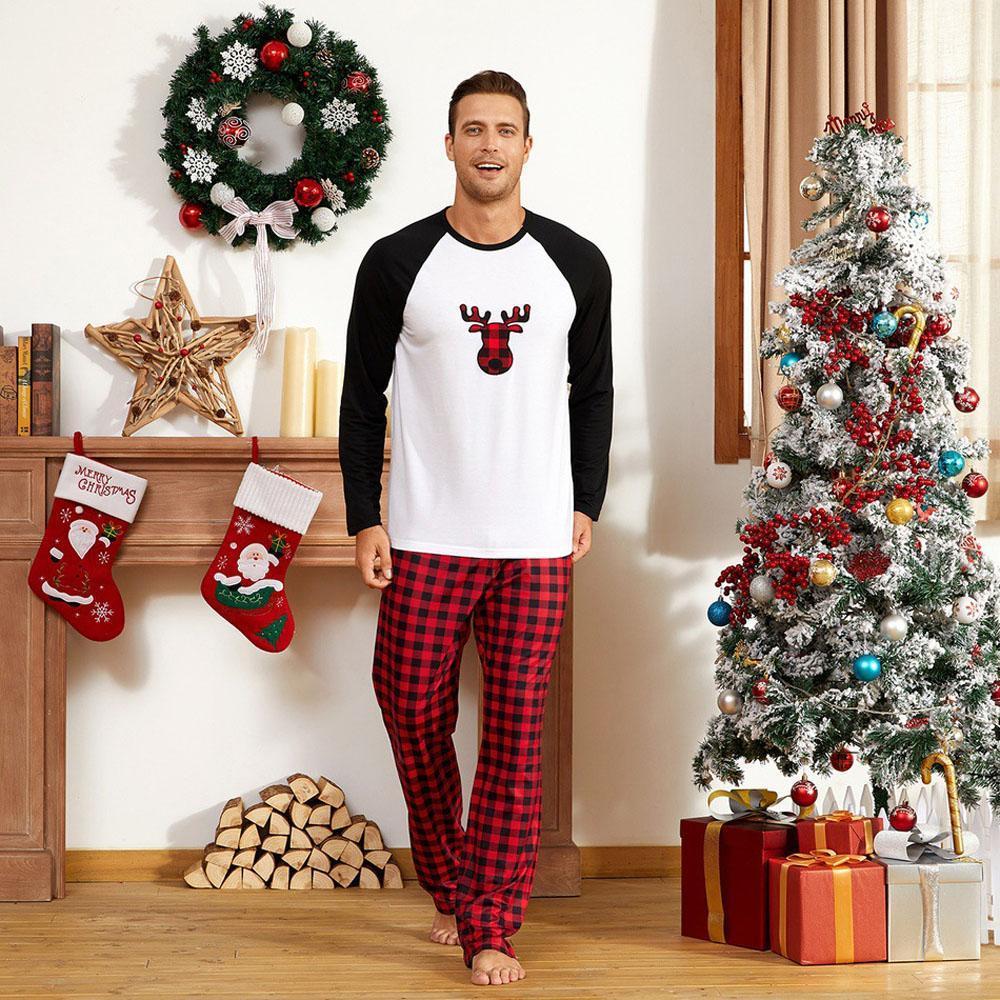 Matching Family Pajamas Sets Christmas with Deer Printed Tee and Plaid Pants Loungewear