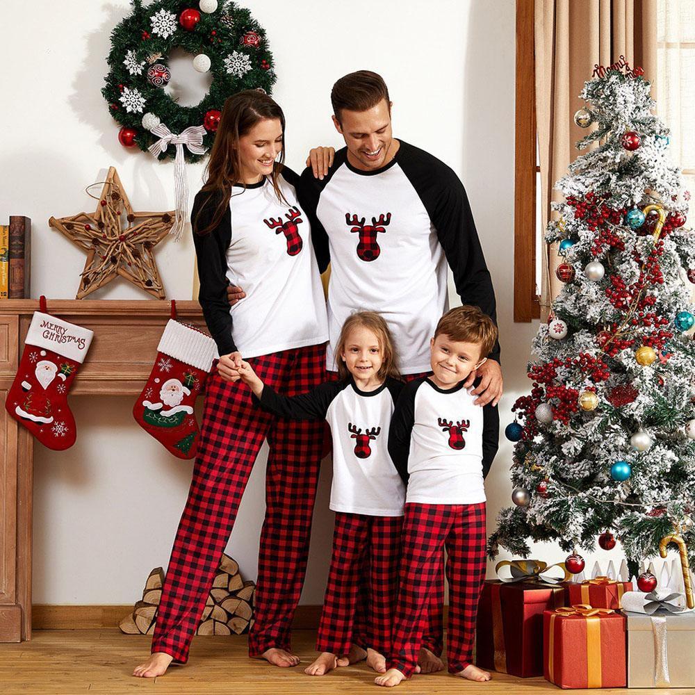 Matching Family Pajamas Sets Christmas with Deer Printed Tee and Plaid Pants Loungewear