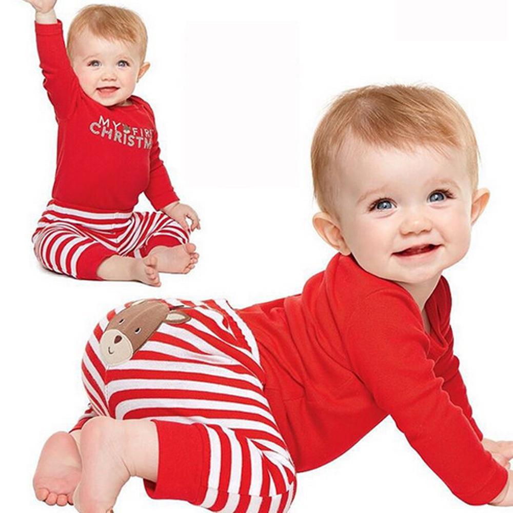 Baby Christmas Santa Elk Print 2 Piece Red Bodysuit Striped Pant Set