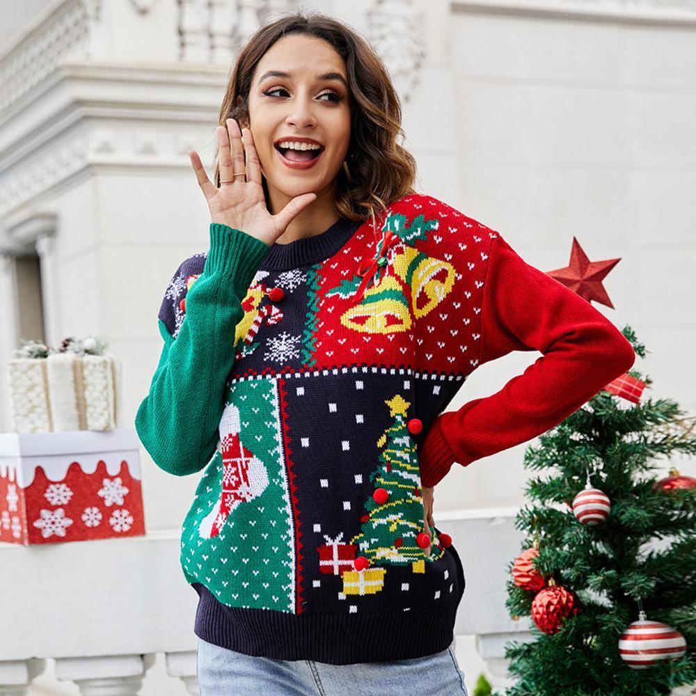 Snowflake Christmas Tree Pattern Loose Long Sleeve Women Ugly Christmas Sweaters