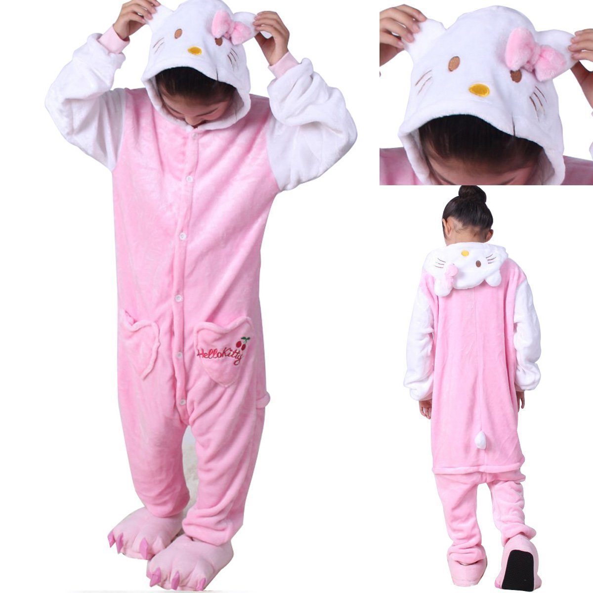 BuyKids Hello Kitty Cat Kigurumi Onesie Pajamas Flannel Costume Now Cheaper With 3 - 5 Days Ship - PajamasBuy