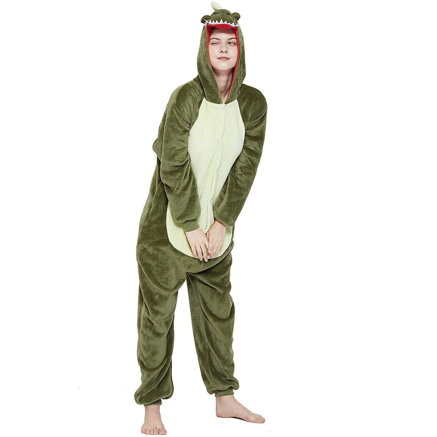 Onesie Kigurumi Pajamas Print New green dinosaur Adult's Flannel Winter Sleepwear Animal Costume - Pajamasbuy