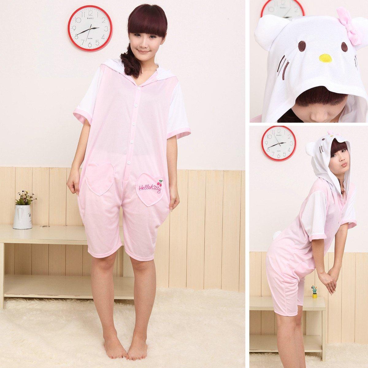 Pink HKT Cat Kigurumi Onesies Pajamas Hoodie Costume Short - Pajamasbuy