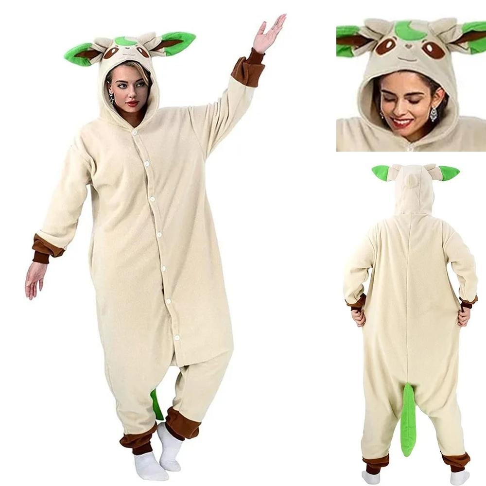 BuyPokémon Leafeon Kigurumi Onesies Costume Cozy Cartoon Fleece Pajamas Now Cheaper With 3 - 5 Days Ship - PajamasBuy