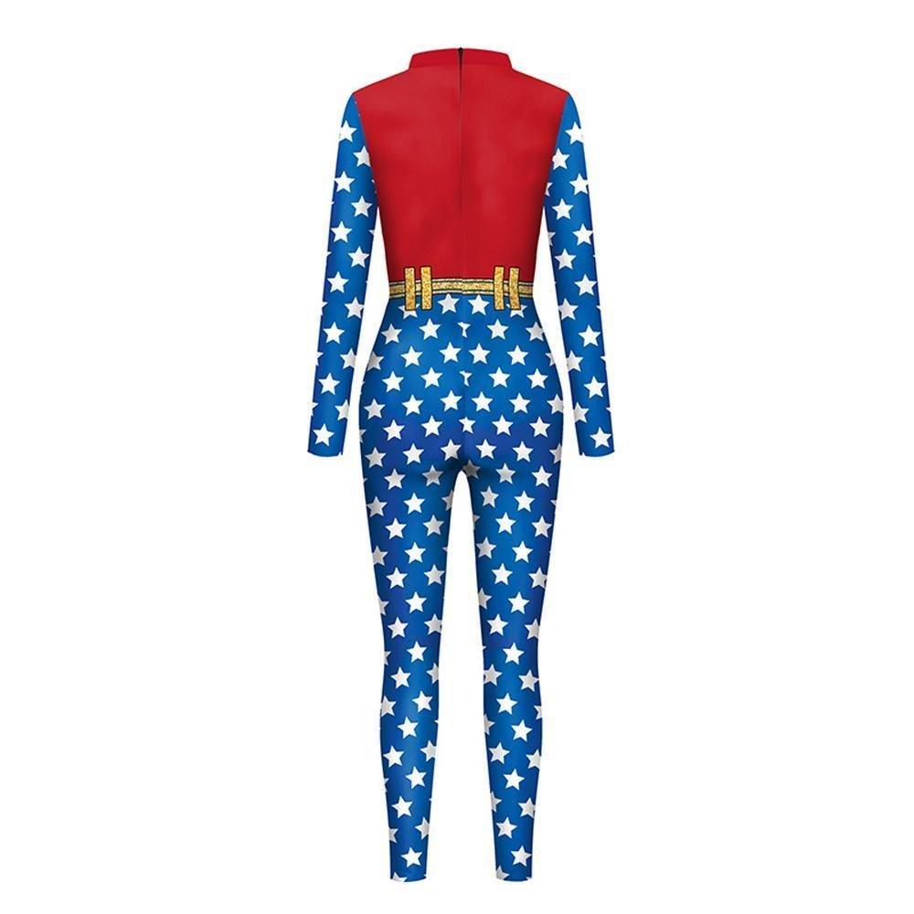 Superhero Wonder Woman Cosplay Costume Halloween Printed Jumpsuit Slim Fit Long Sleeve Party Outfit for Women - Pajamasbuy