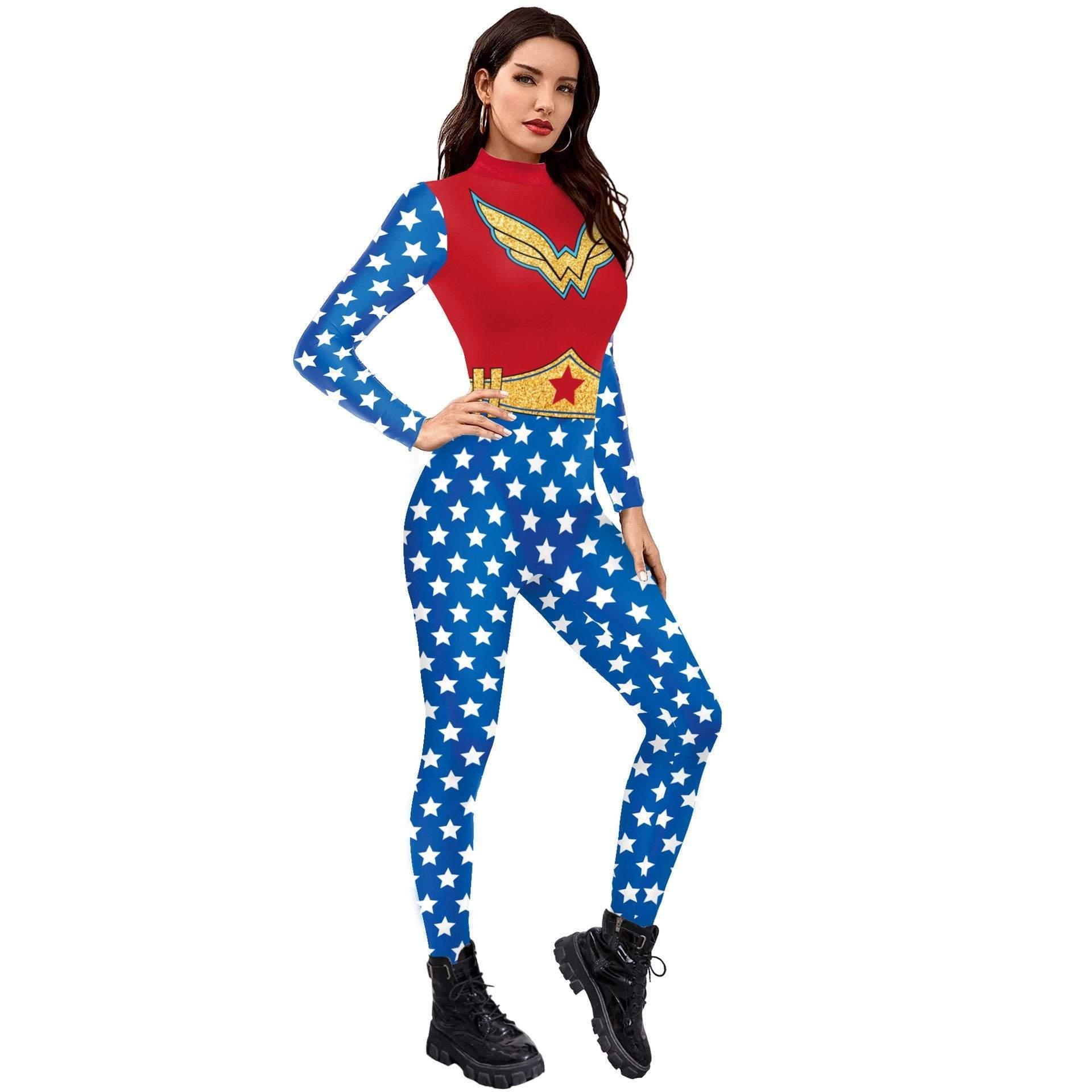 Superhero Wonder Woman Cosplay Costume Halloween Printed Jumpsuit Slim Fit Long Sleeve Party Outfit for Women - Pajamasbuy