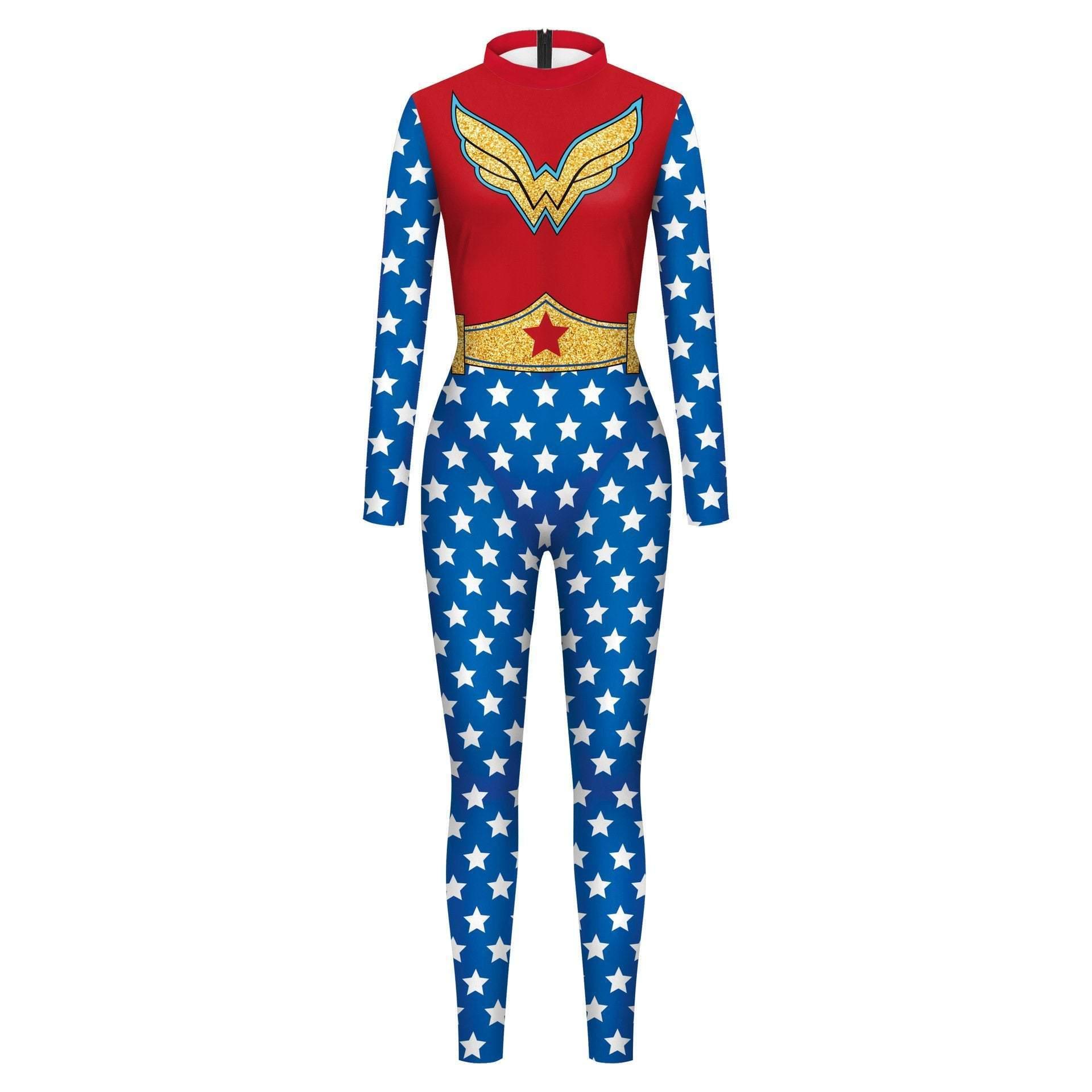 Superhero Wonder Woman Cosplay Costume Halloween Printed Jumpsuit Slim Fit Long Sleeve Party Outfit for Women - Pajamasbuy