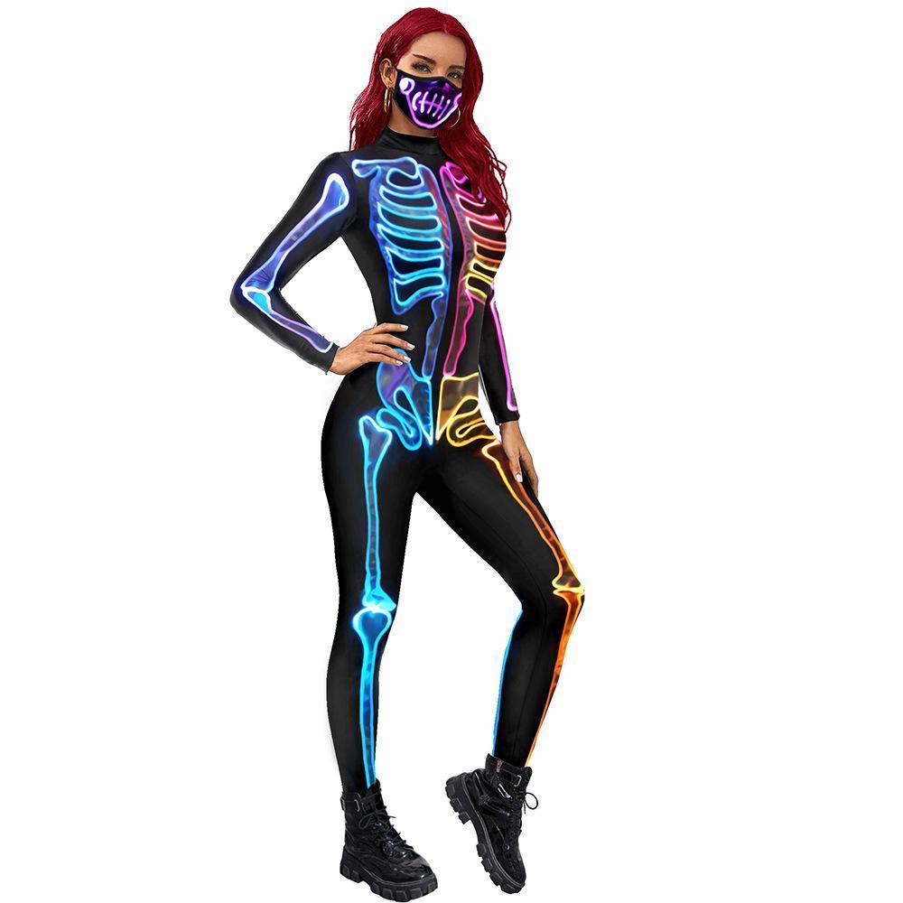 Women Halloween Jumpsuit Skull Cosplay Costume Funny Skeleton Halloween Bodysuit Skinny Catsuit - Pajamasbuy