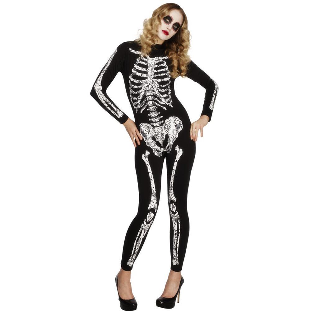 BuyWomen's Spandex Printed Skull Skeleton Catsuit Halloween Costume Now Cheaper With 3 - 5 Days Ship - PajamasBuy